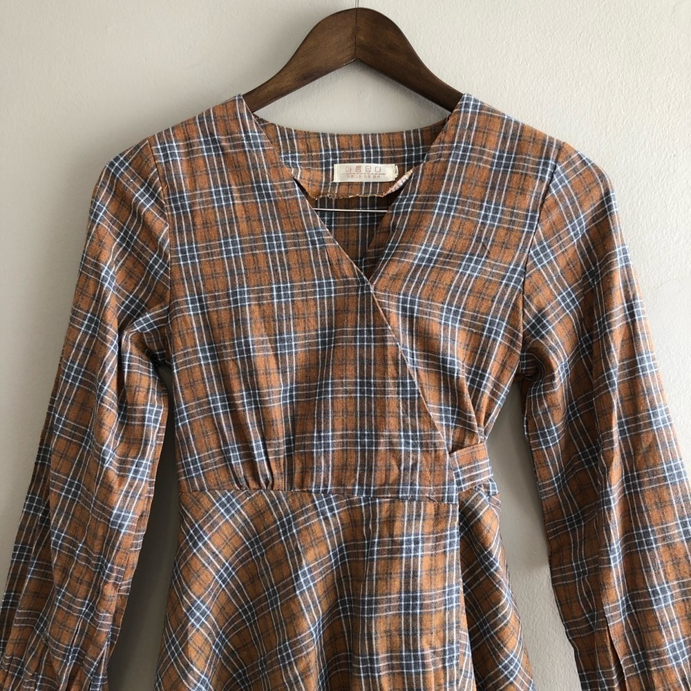 Vintage Plaid Tie Waist Mini Dress Long Sleeve V Neck Fit & Flare Small - Picture 4 of 12